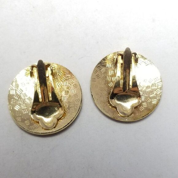 Vintage Brown Black Yellow Enamel Round Clip On Earrings, Retro 80s Style - Picture 3 of 6